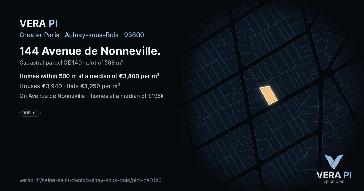 144 Avenue de Nonneville, Aulnay-sous-Bois at night – the plot lit, the parcels around coloured by the prices near them