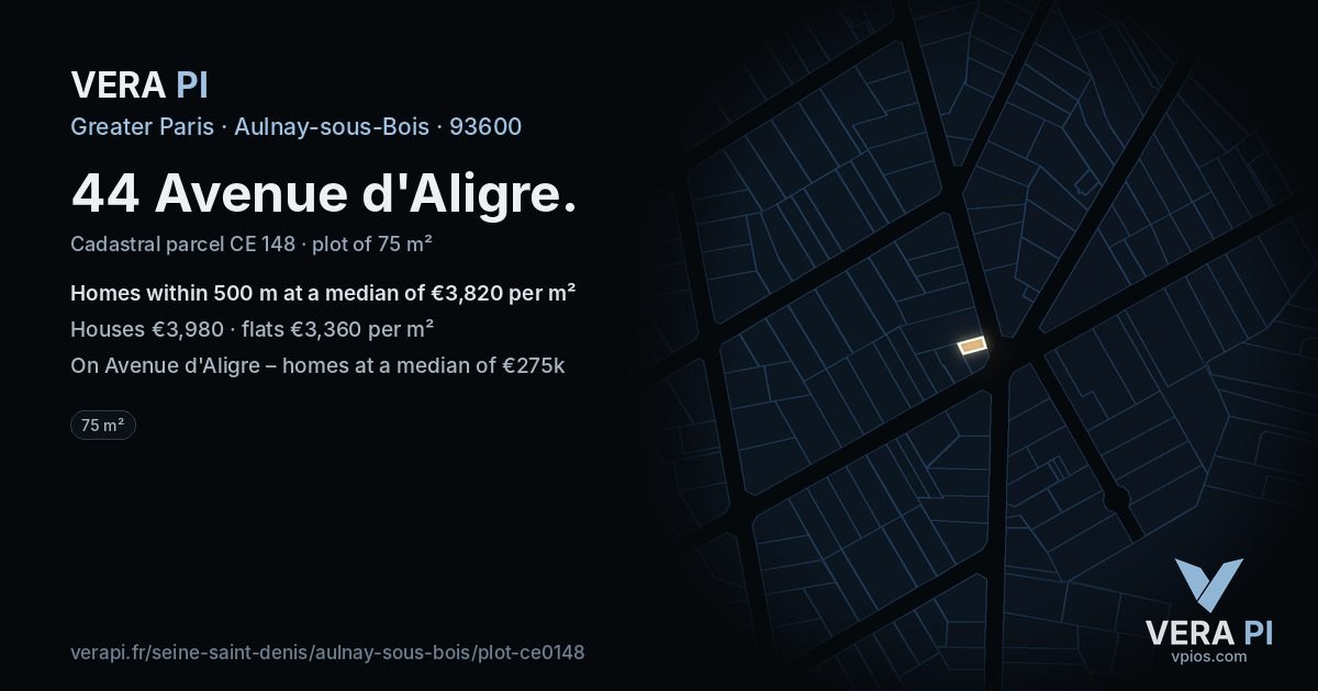 44 Avenue d'Aligre, Aulnay-sous-Bois at night – the plot lit, the parcels around coloured by the prices near them