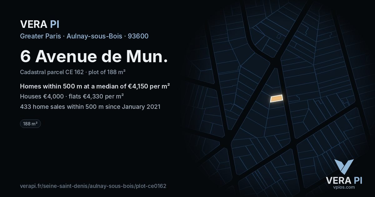 6 Avenue de Mun, Aulnay-sous-Bois at night – the plot lit, the parcels around coloured by the prices near them