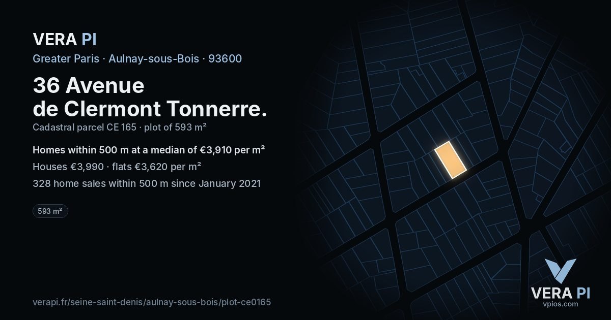 36 Avenue de Clermont Tonnerre, Aulnay-sous-Bois at night – the plot lit, the parcels around coloured by the prices near them