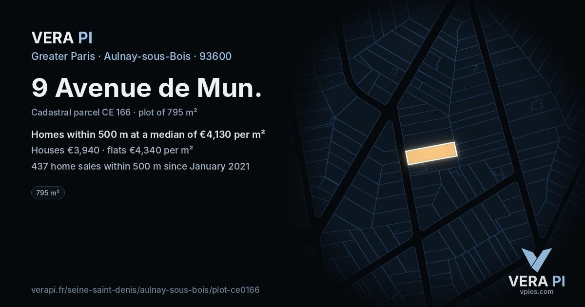 9 Avenue de Mun, Aulnay-sous-Bois at night – the plot lit, the parcels around coloured by the prices near them