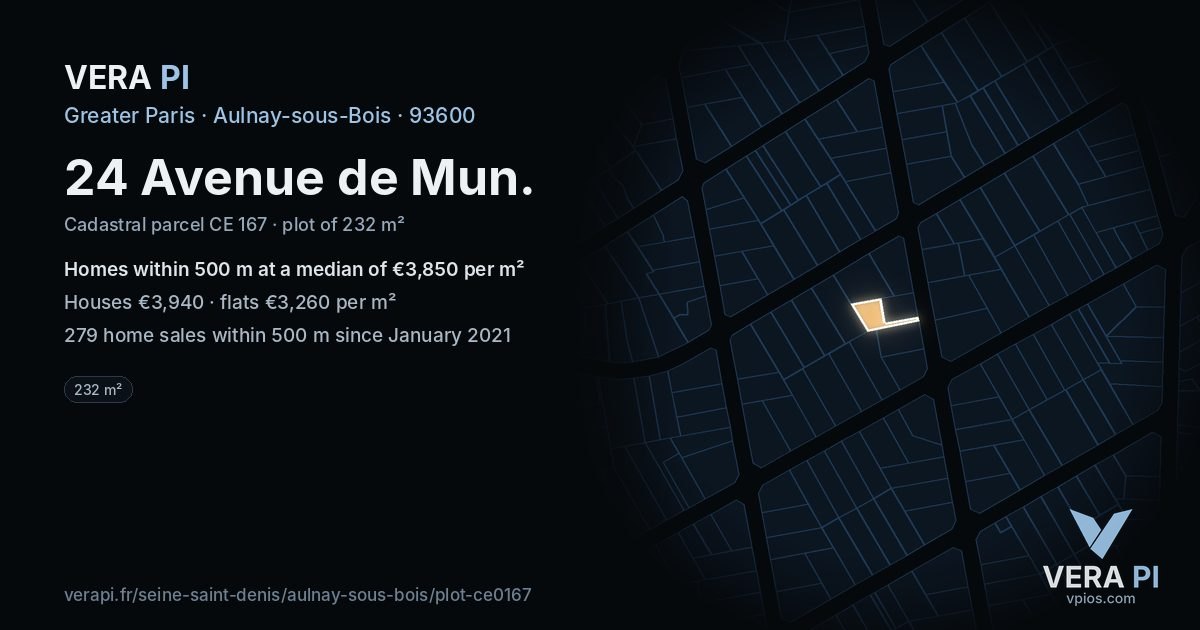24 Avenue de Mun, Aulnay-sous-Bois at night – the plot lit, the parcels around coloured by the prices near them