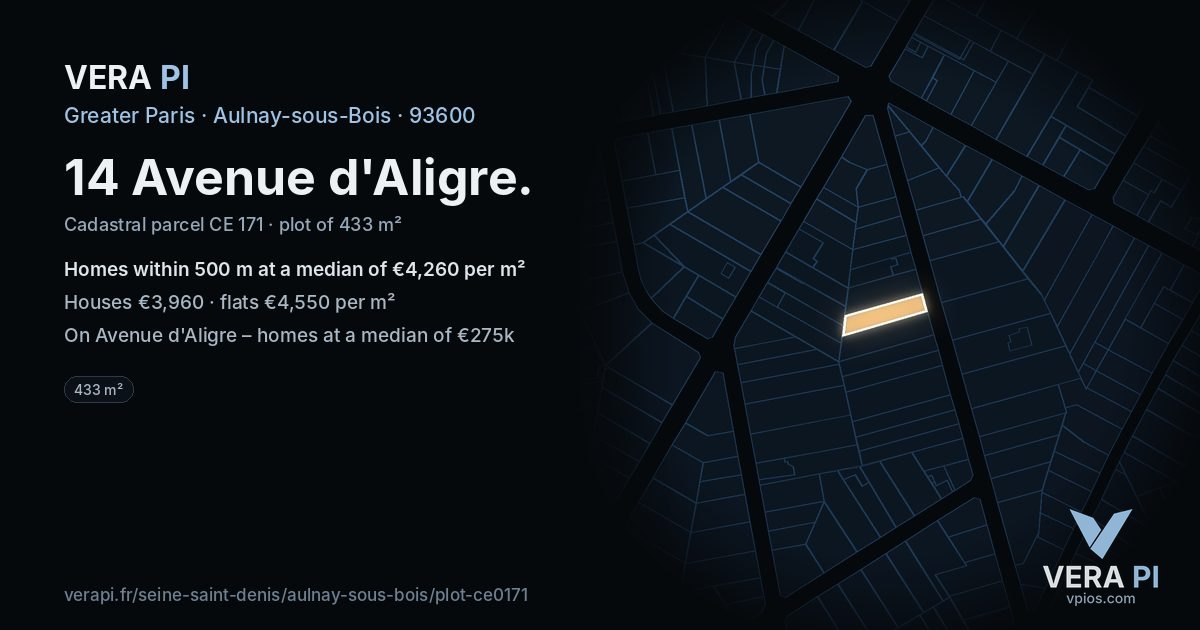 14 Avenue d'Aligre, Aulnay-sous-Bois at night – the plot lit, the parcels around coloured by the prices near them