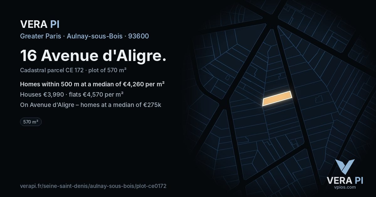 16 Avenue d'Aligre, Aulnay-sous-Bois at night – the plot lit, the parcels around coloured by the prices near them