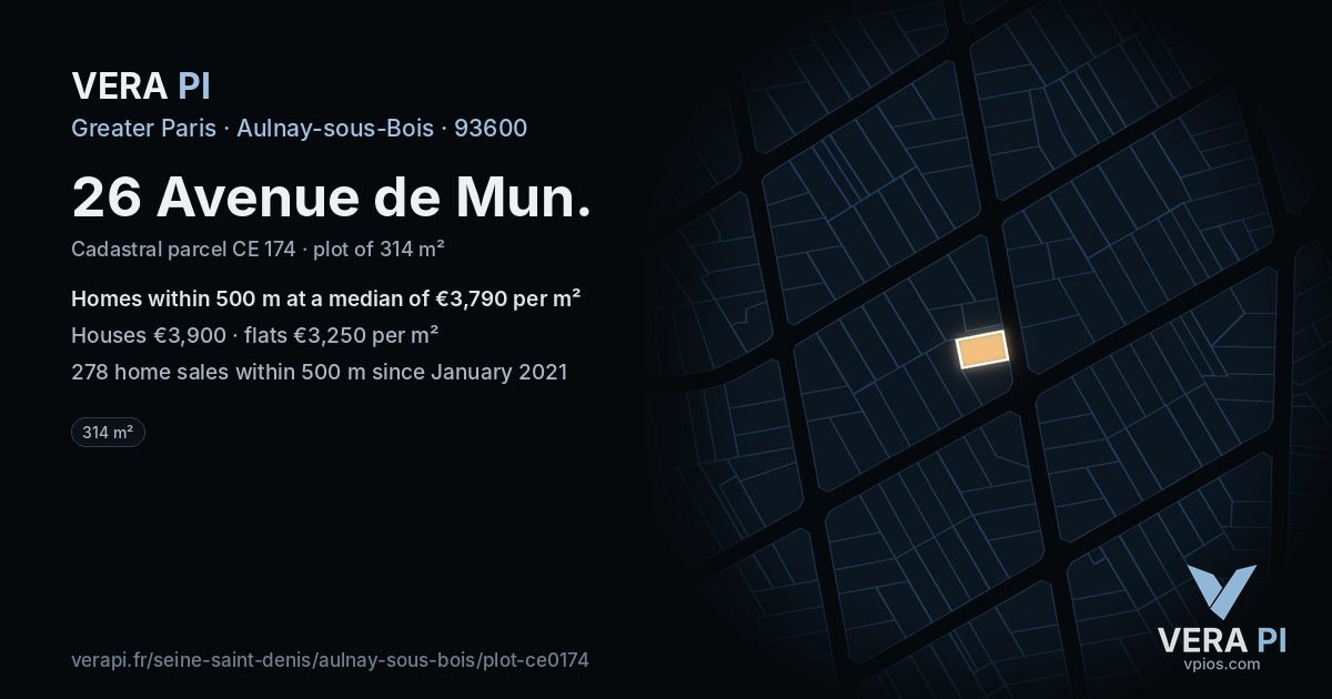 26 Avenue de Mun, Aulnay-sous-Bois at night – the plot lit, the parcels around coloured by the prices near them