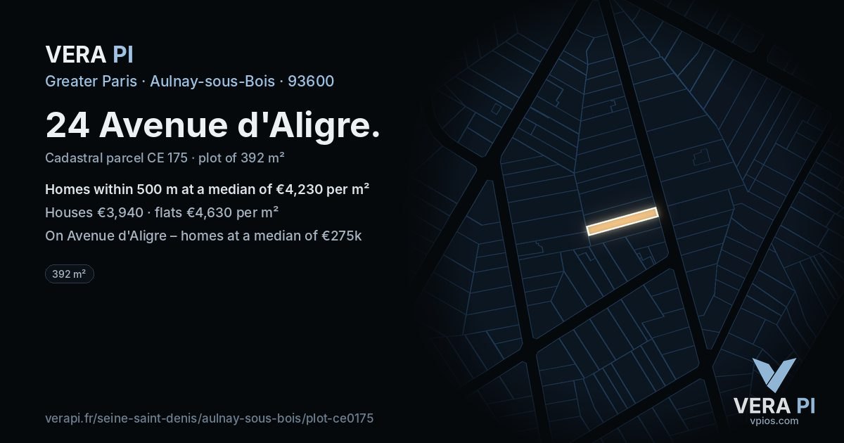 24 Avenue d'Aligre, Aulnay-sous-Bois at night – the plot lit, the parcels around coloured by the prices near them