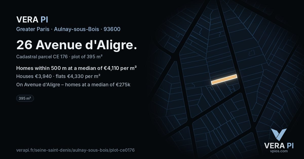 26 Avenue d'Aligre, Aulnay-sous-Bois at night – the plot lit, the parcels around coloured by the prices near them