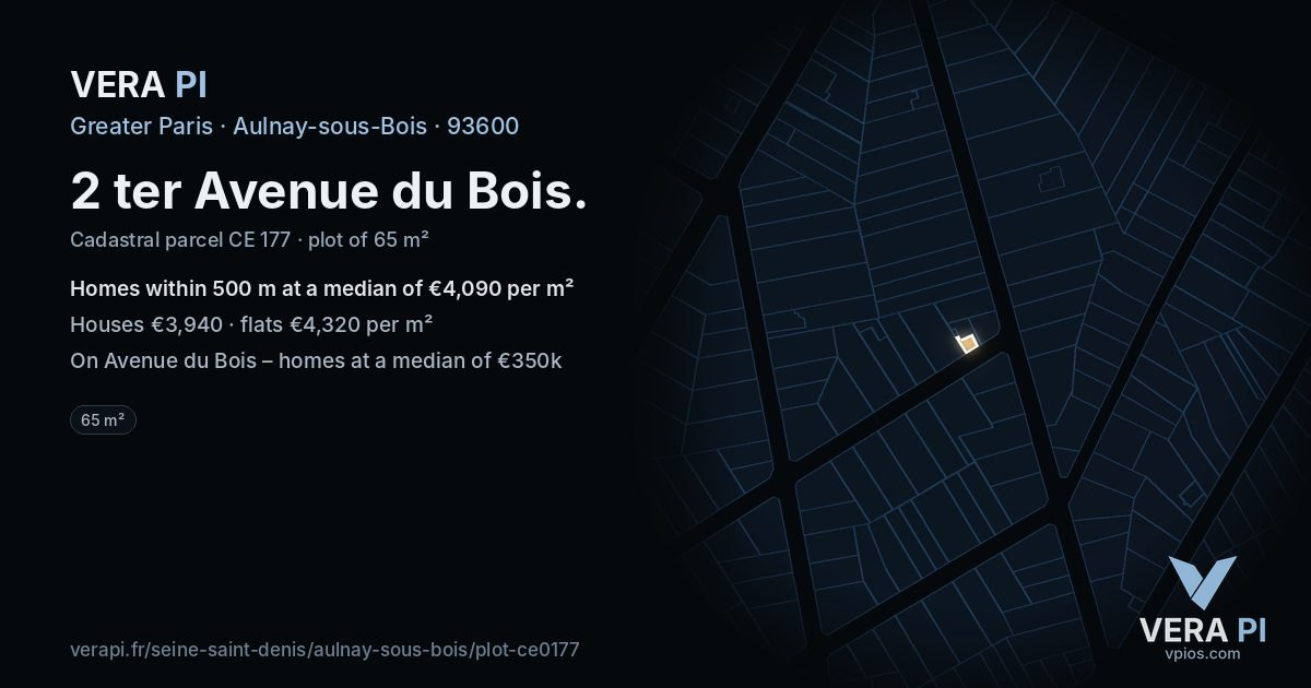2 ter Avenue du Bois, Aulnay-sous-Bois at night – the plot lit, the parcels around coloured by the prices near them