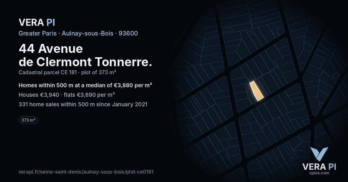 44 Avenue de Clermont Tonnerre, Aulnay-sous-Bois at night – the plot lit, the parcels around coloured by the prices near them