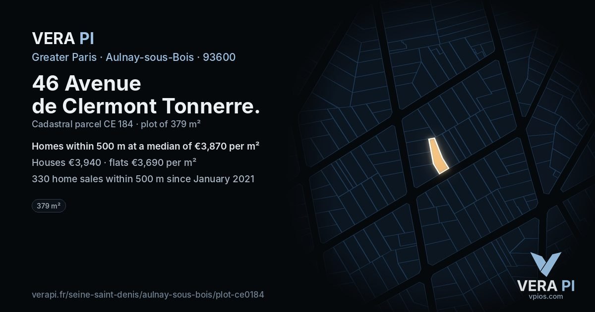 46 Avenue de Clermont Tonnerre, Aulnay-sous-Bois at night – the plot lit, the parcels around coloured by the prices near them