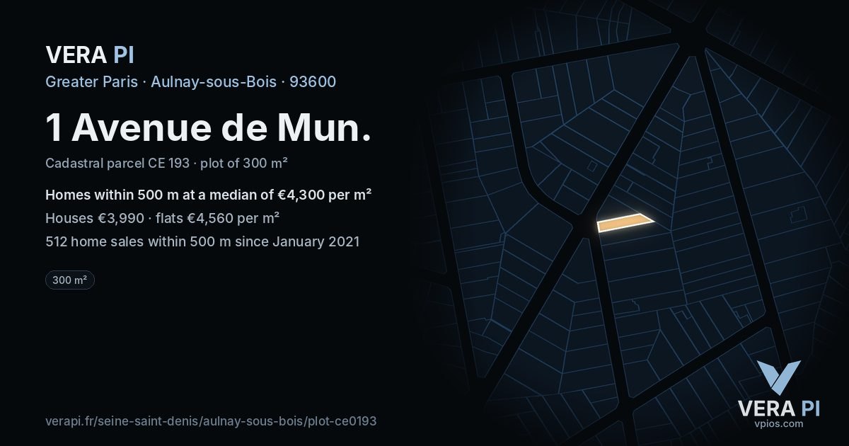 1 Avenue de Mun, Aulnay-sous-Bois at night – the plot lit, the parcels around coloured by the prices near them