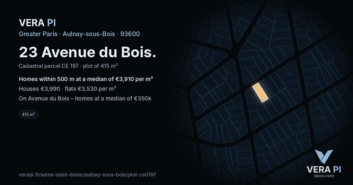 23 Avenue du Bois, Aulnay-sous-Bois at night – the plot lit, the parcels around coloured by the prices near them