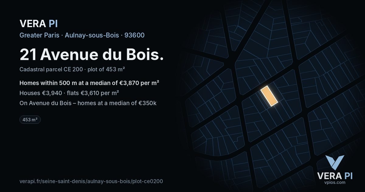21 Avenue du Bois, Aulnay-sous-Bois at night – the plot lit, the parcels around coloured by the prices near them