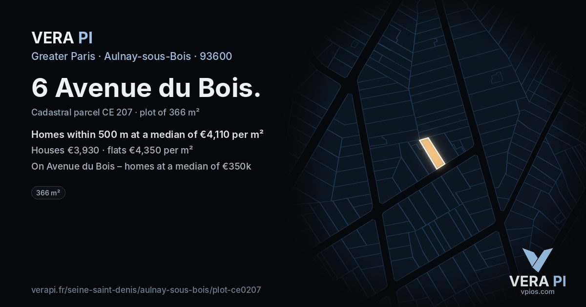 6 Avenue du Bois, Aulnay-sous-Bois at night – the plot lit, the parcels around coloured by the prices near them