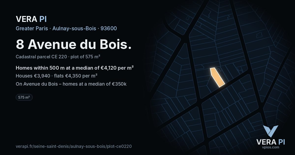 8 Avenue du Bois, Aulnay-sous-Bois at night – the plot lit, the parcels around coloured by the prices near them
