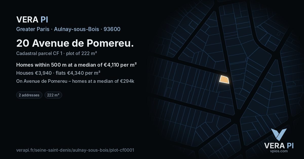 20 Avenue de Pomereu, Aulnay-sous-Bois at night – the plot lit, the parcels around coloured by the prices near them