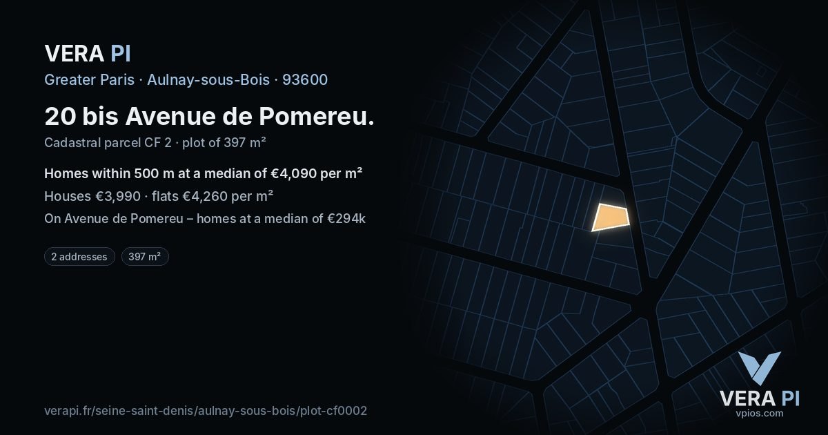 20 bis Avenue de Pomereu, Aulnay-sous-Bois at night – the plot lit, the parcels around coloured by the prices near them