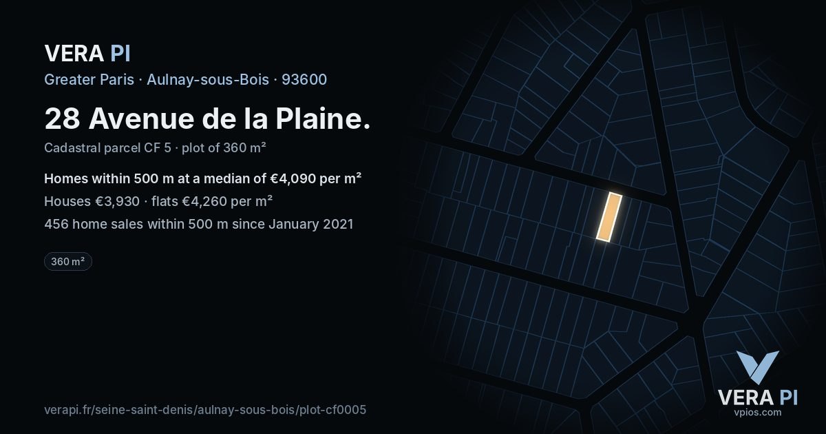28 Avenue de la Plaine, Aulnay-sous-Bois at night – the plot lit, the parcels around coloured by the prices near them