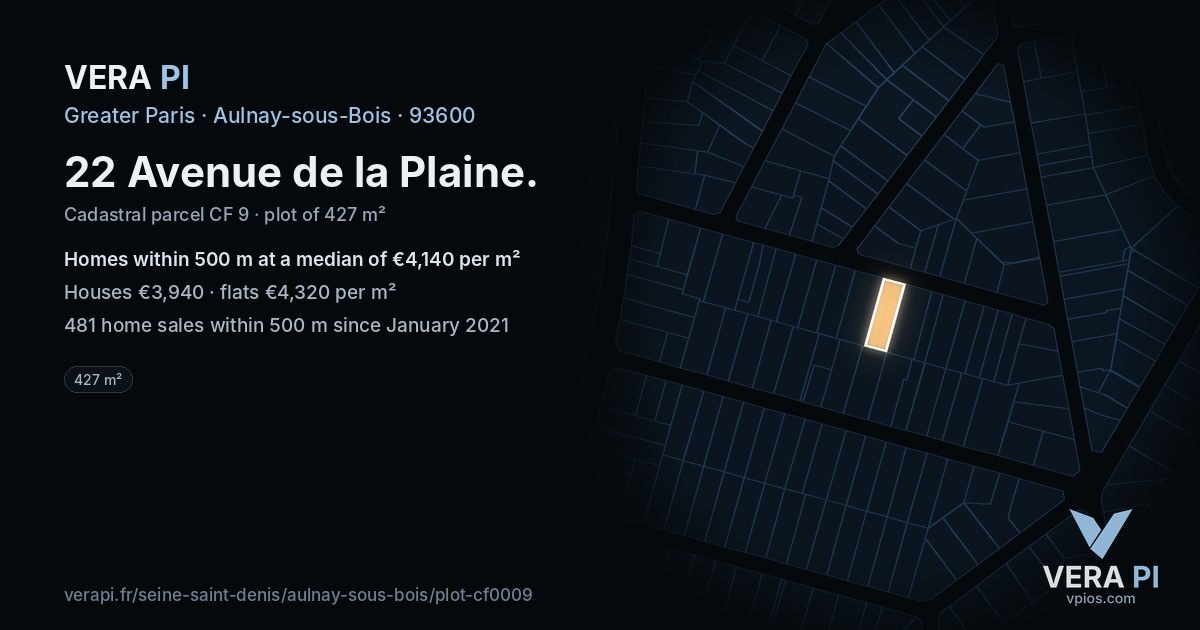 22 Avenue de la Plaine, Aulnay-sous-Bois at night – the plot lit, the parcels around coloured by the prices near them