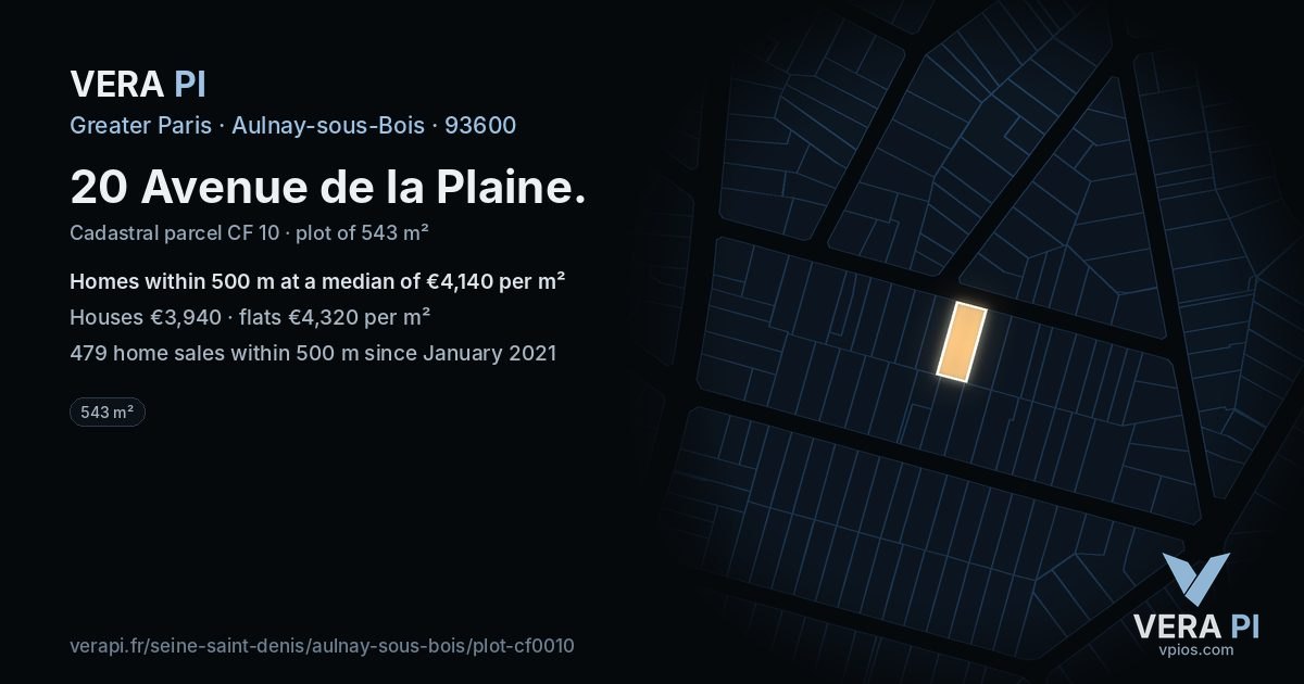20 Avenue de la Plaine, Aulnay-sous-Bois at night – the plot lit, the parcels around coloured by the prices near them