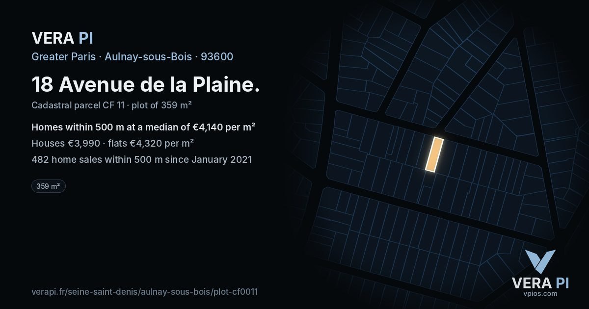 18 Avenue de la Plaine, Aulnay-sous-Bois at night – the plot lit, the parcels around coloured by the prices near them
