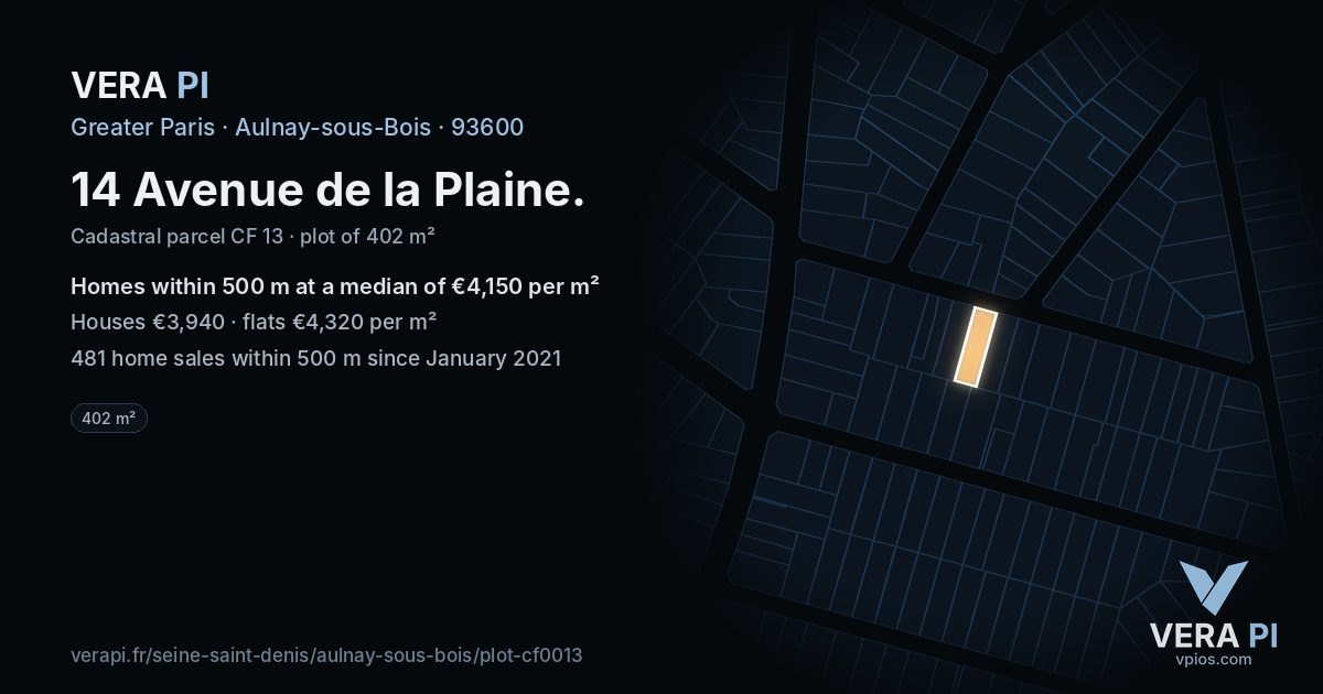 14 Avenue de la Plaine, Aulnay-sous-Bois at night – the plot lit, the parcels around coloured by the prices near them