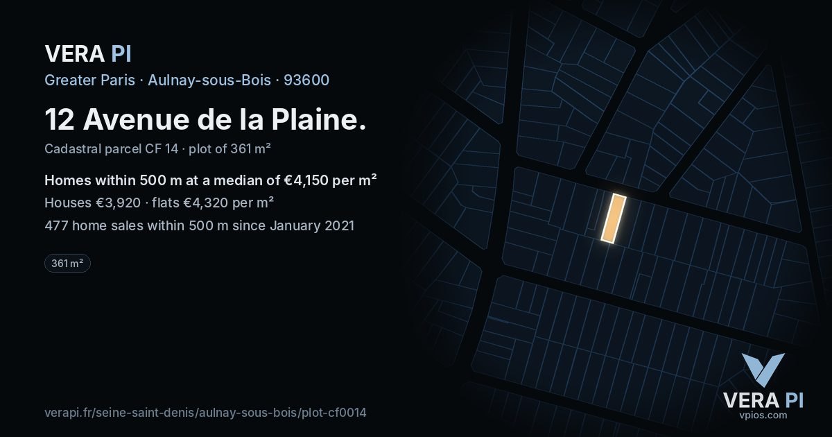 12 Avenue de la Plaine, Aulnay-sous-Bois at night – the plot lit, the parcels around coloured by the prices near them