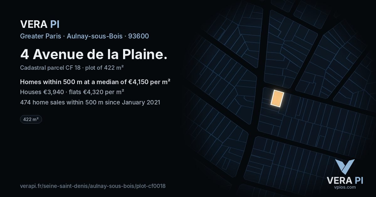 4 Avenue de la Plaine, Aulnay-sous-Bois at night – the plot lit, the parcels around coloured by the prices near them