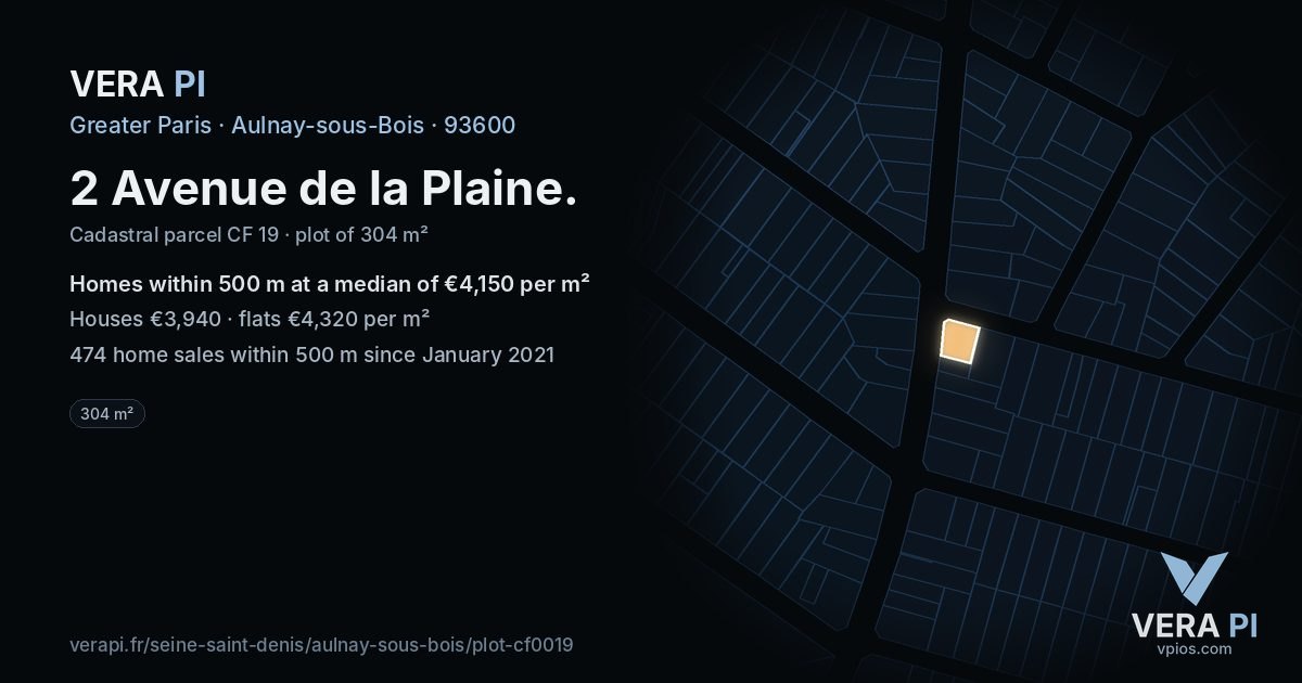 2 Avenue de la Plaine, Aulnay-sous-Bois at night – the plot lit, the parcels around coloured by the prices near them