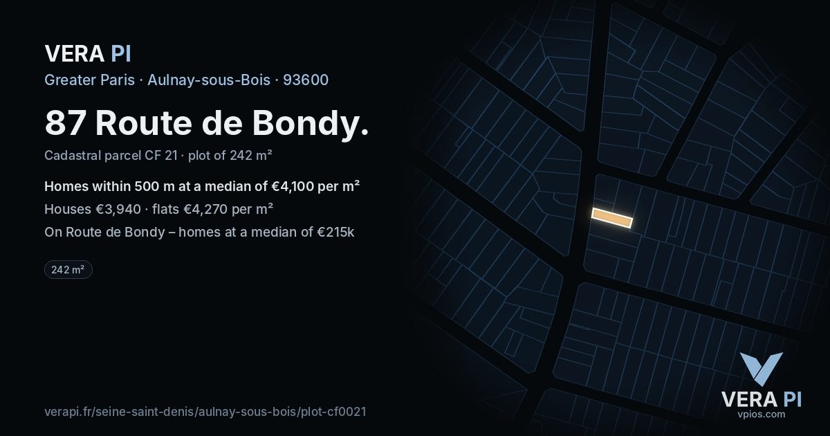 87 Route de Bondy, Aulnay-sous-Bois at night – the plot lit, the parcels around coloured by the prices near them