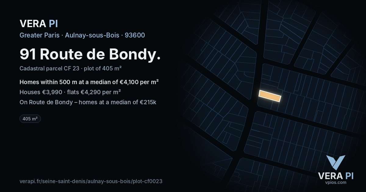 91 Route de Bondy, Aulnay-sous-Bois at night – the plot lit, the parcels around coloured by the prices near them
