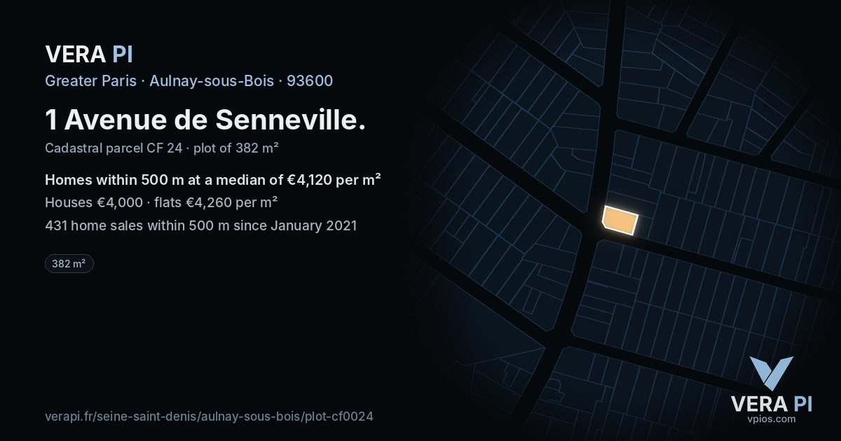 1 Avenue de Senneville, Aulnay-sous-Bois at night – the plot lit, the parcels around coloured by the prices near them