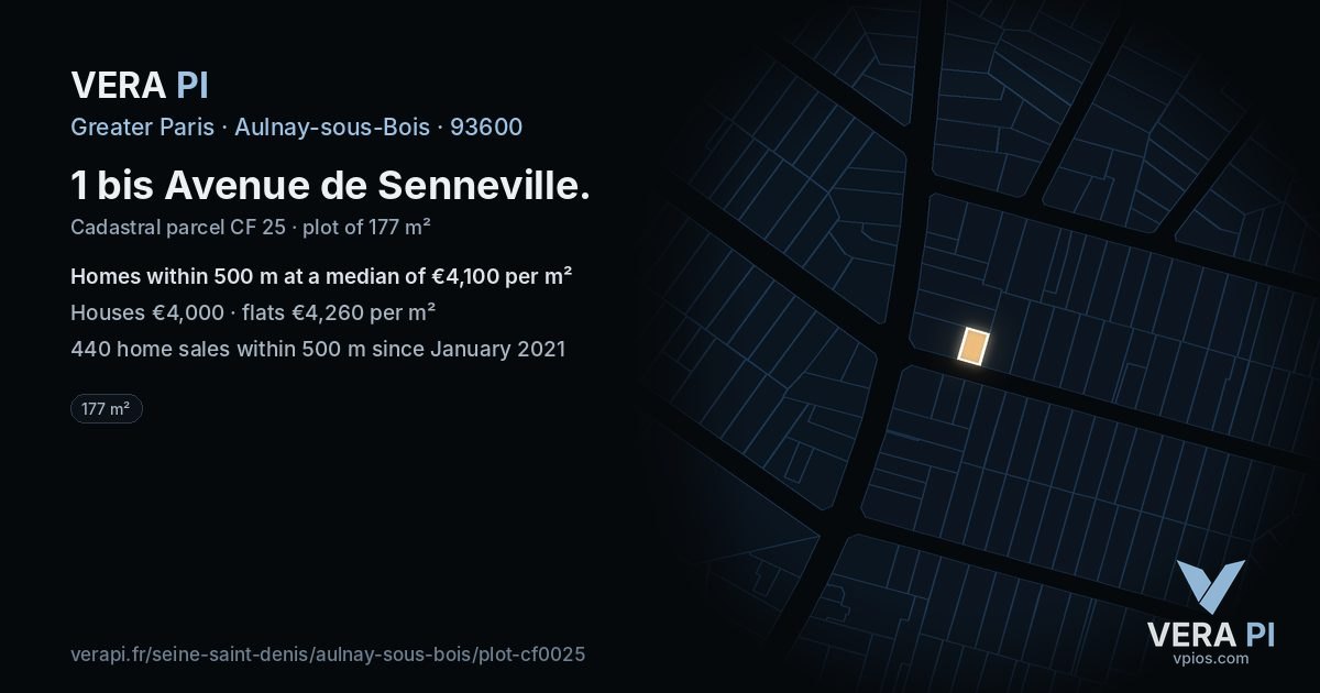 1 bis Avenue de Senneville, Aulnay-sous-Bois at night – the plot lit, the parcels around coloured by the prices near them