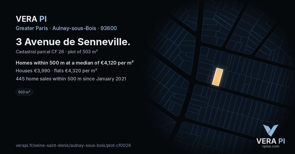 3 Avenue de Senneville, Aulnay-sous-Bois at night – the plot lit, the parcels around coloured by the prices near them