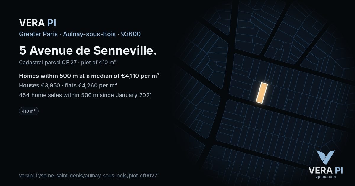 5 Avenue de Senneville, Aulnay-sous-Bois at night – the plot lit, the parcels around coloured by the prices near them