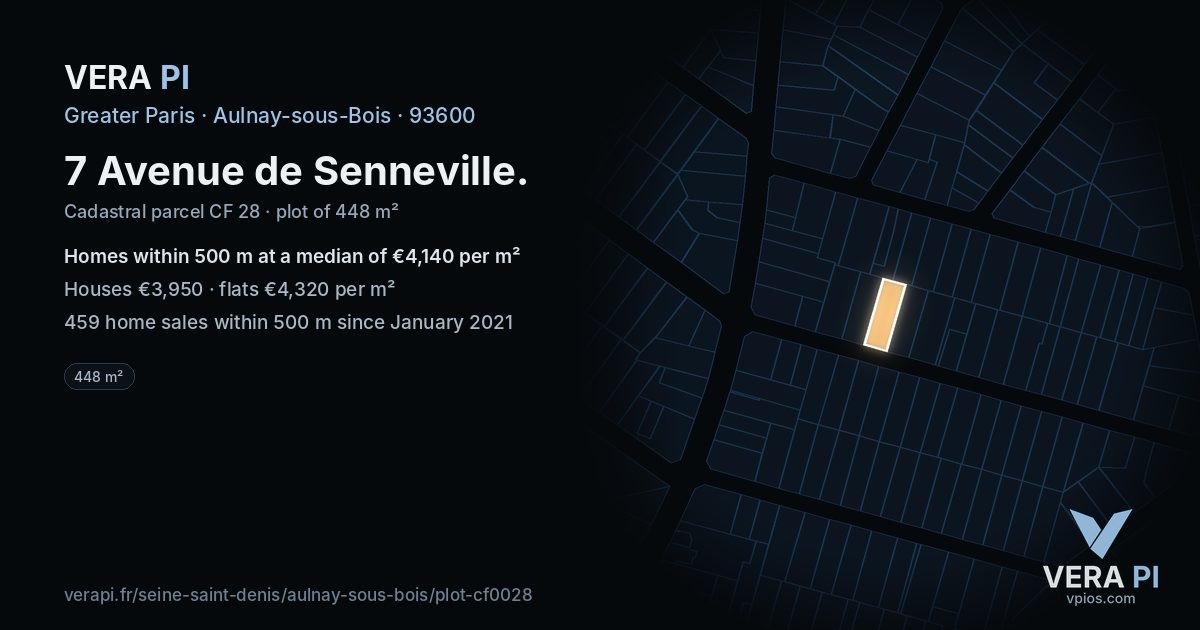 7 Avenue de Senneville, Aulnay-sous-Bois at night – the plot lit, the parcels around coloured by the prices near them