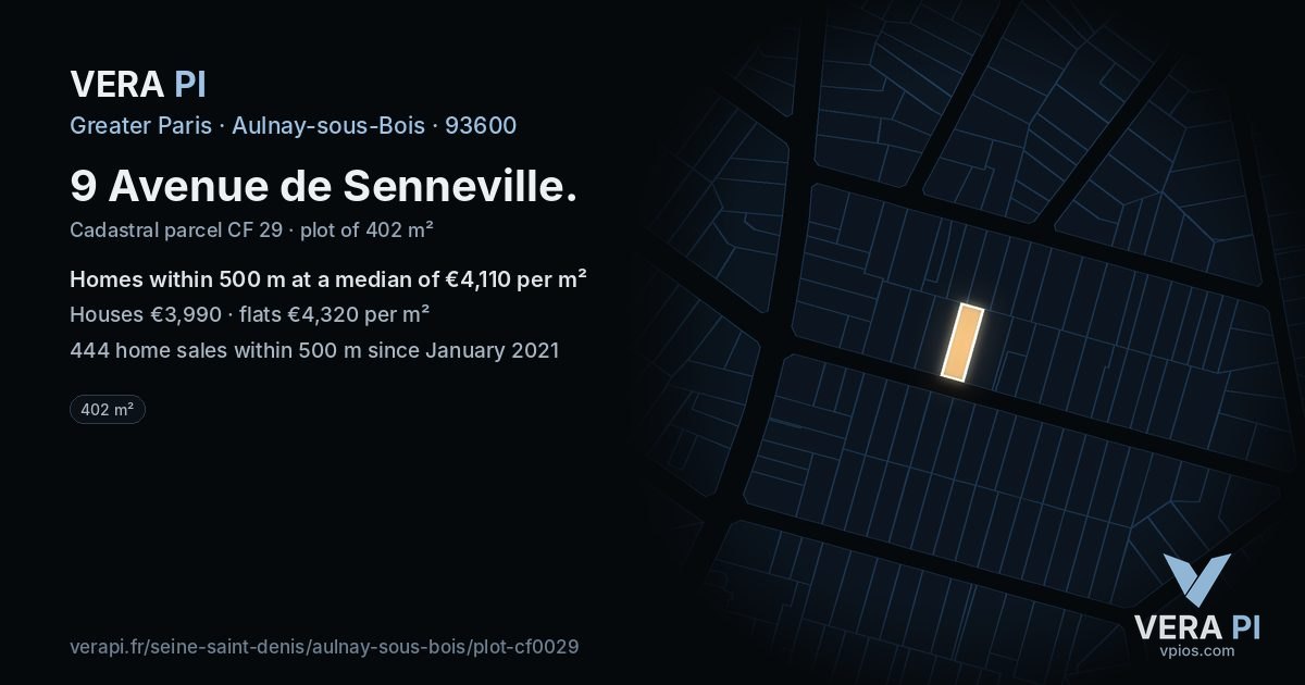9 Avenue de Senneville, Aulnay-sous-Bois at night – the plot lit, the parcels around coloured by the prices near them
