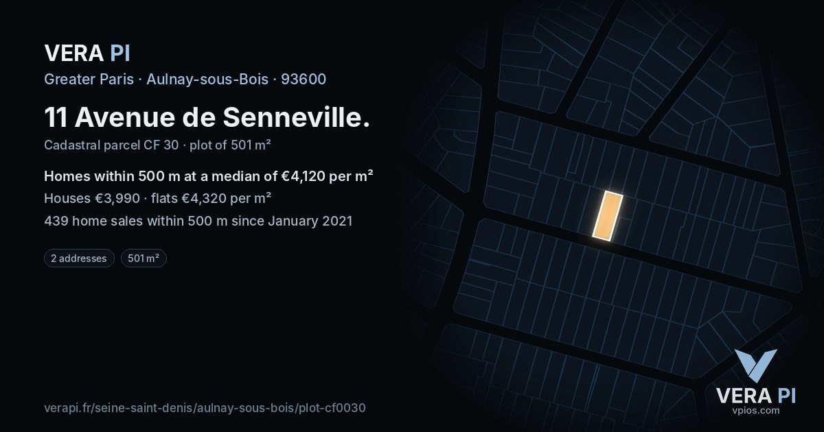 11 Avenue de Senneville, Aulnay-sous-Bois at night – the plot lit, the parcels around coloured by the prices near them