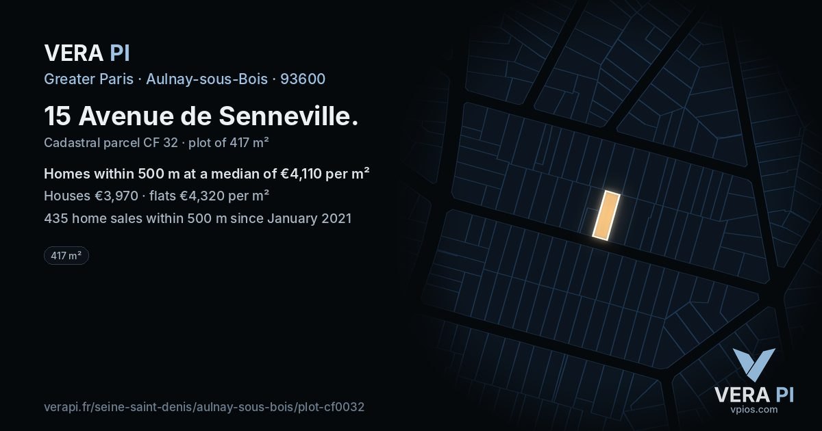 15 Avenue de Senneville, Aulnay-sous-Bois at night – the plot lit, the parcels around coloured by the prices near them