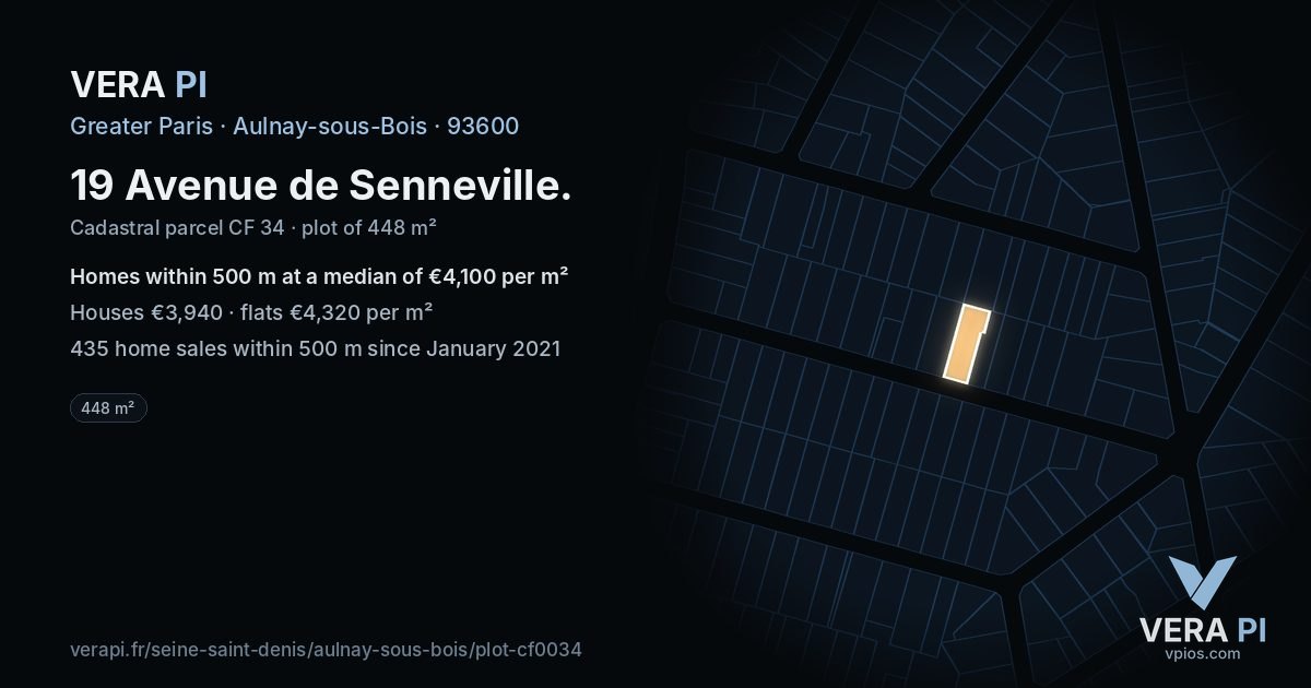 19 Avenue de Senneville, Aulnay-sous-Bois at night – the plot lit, the parcels around coloured by the prices near them