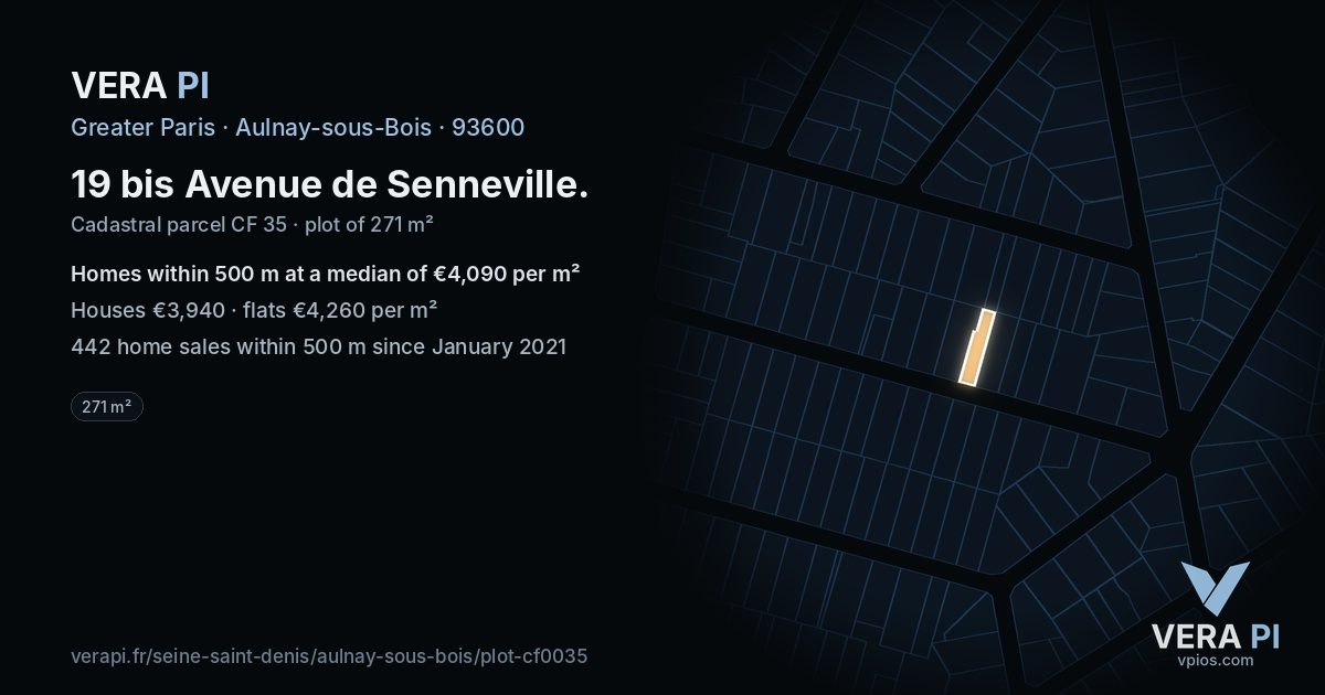 19 bis Avenue de Senneville, Aulnay-sous-Bois at night – the plot lit, the parcels around coloured by the prices near them