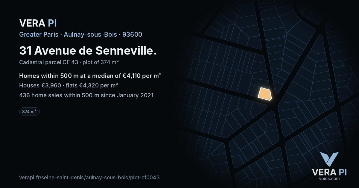 31 Avenue de Senneville, Aulnay-sous-Bois at night – the plot lit, the parcels around coloured by the prices near them