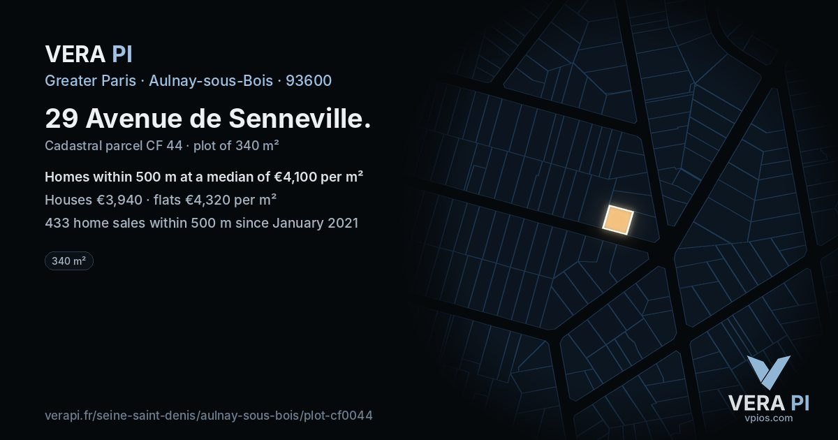 29 Avenue de Senneville, Aulnay-sous-Bois at night – the plot lit, the parcels around coloured by the prices near them