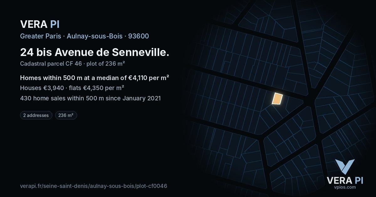 24 bis Avenue de Senneville, Aulnay-sous-Bois at night – the plot lit, the parcels around coloured by the prices near them