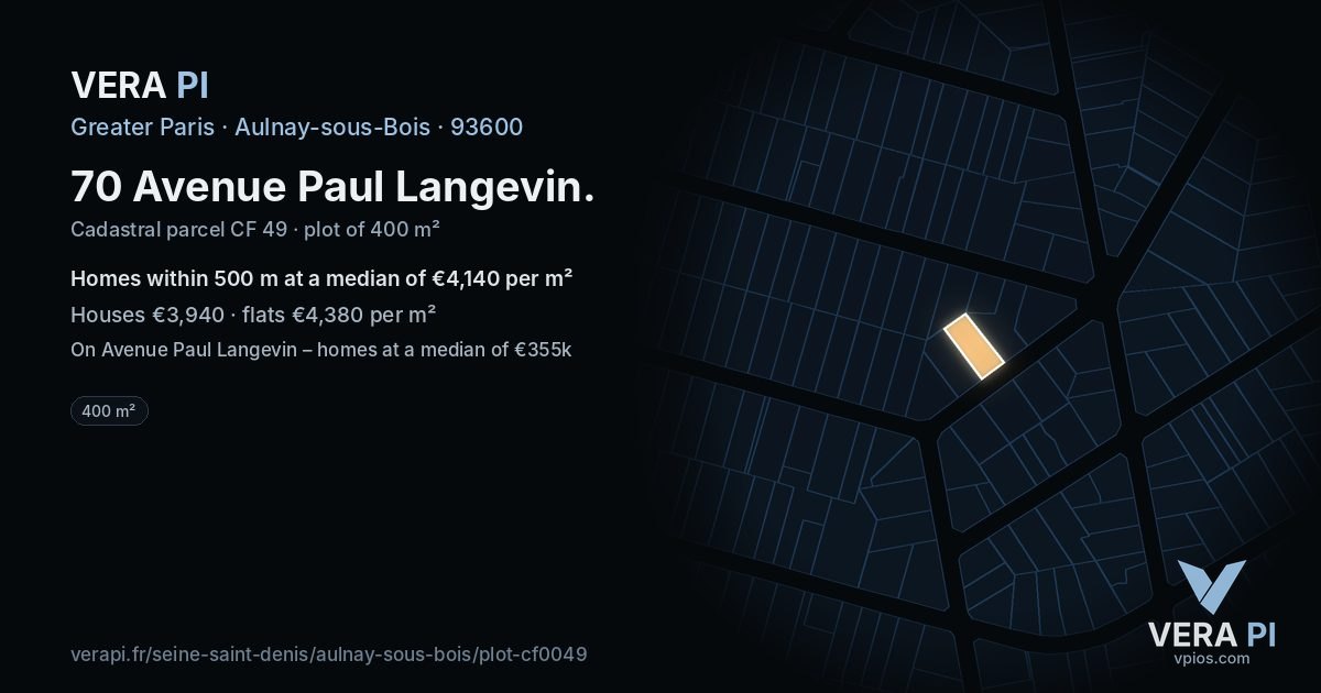 70 Avenue Paul Langevin, Aulnay-sous-Bois at night – the plot lit, the parcels around coloured by the prices near them