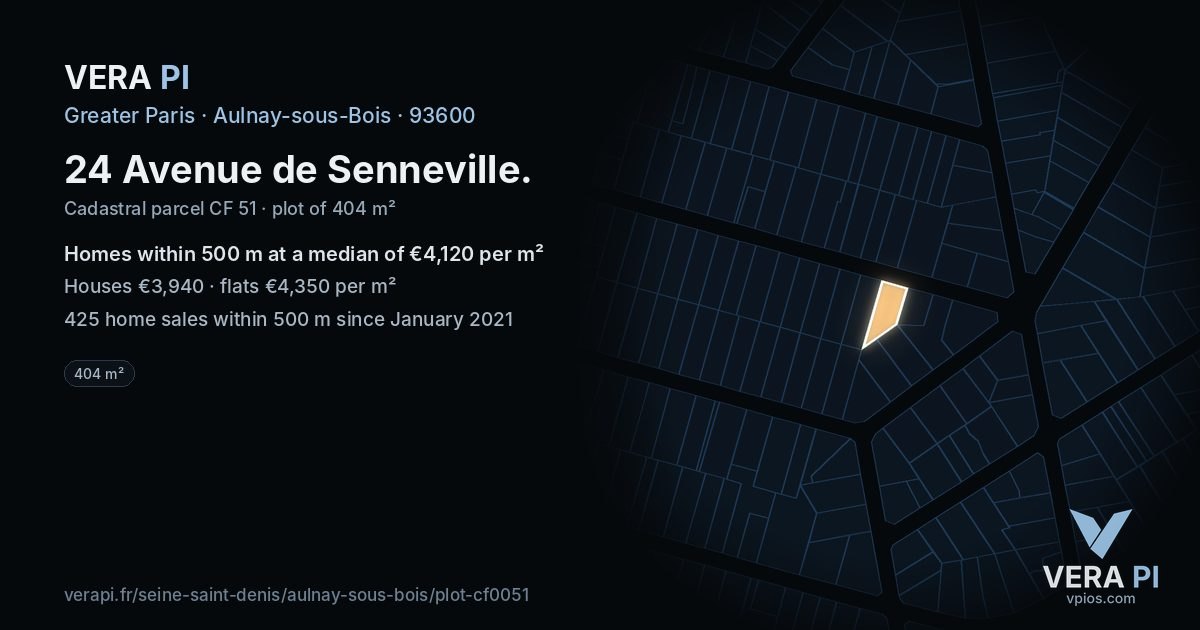 24 Avenue de Senneville, Aulnay-sous-Bois at night – the plot lit, the parcels around coloured by the prices near them