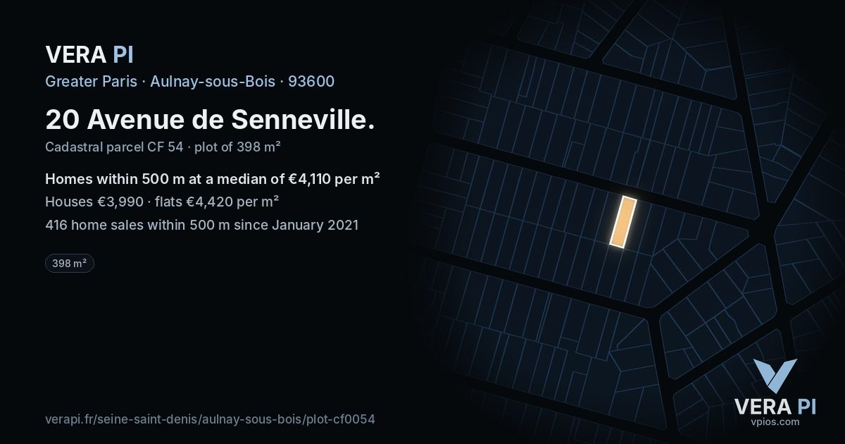 20 Avenue de Senneville, Aulnay-sous-Bois at night – the plot lit, the parcels around coloured by the prices near them