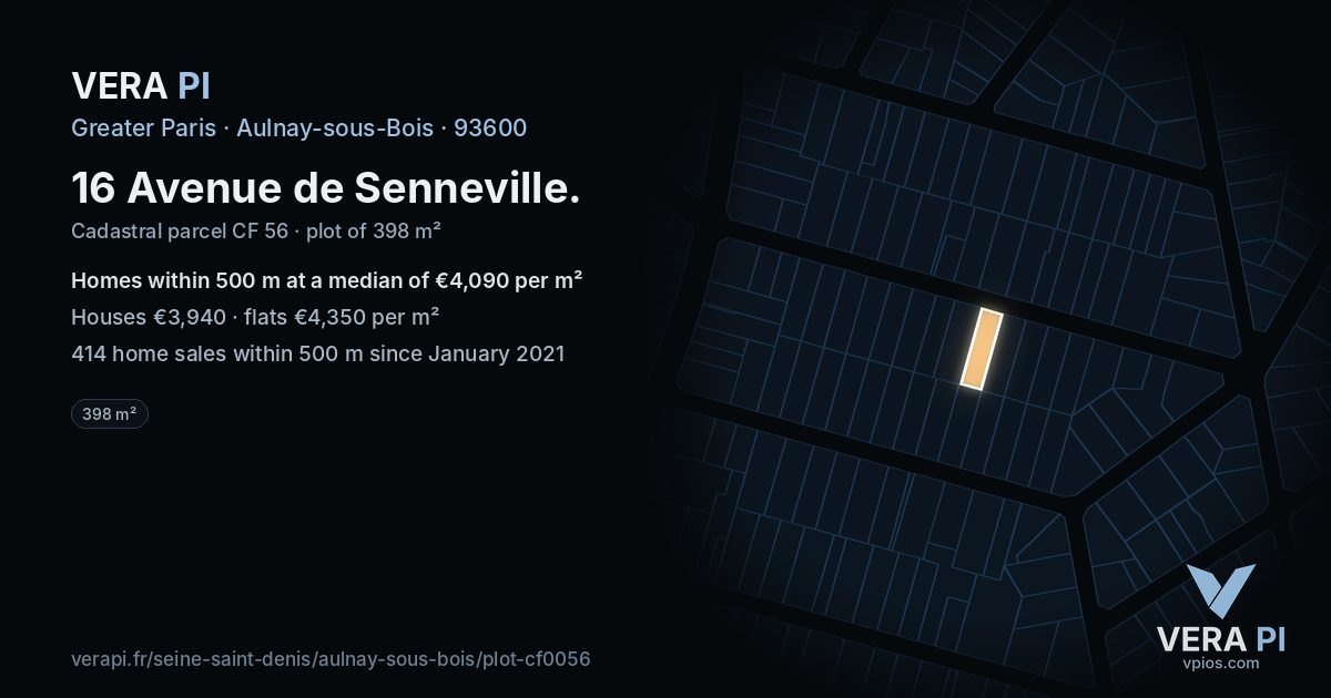 16 Avenue de Senneville, Aulnay-sous-Bois at night – the plot lit, the parcels around coloured by the prices near them