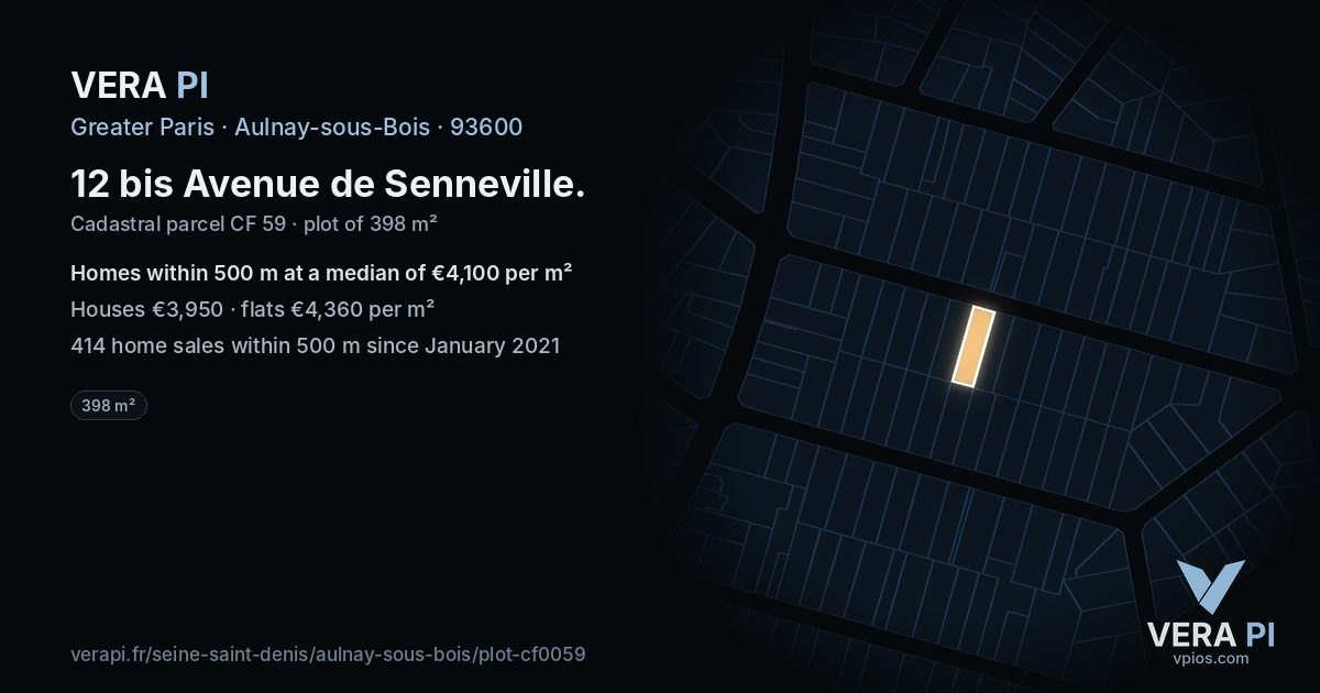 12 bis Avenue de Senneville, Aulnay-sous-Bois at night – the plot lit, the parcels around coloured by the prices near them