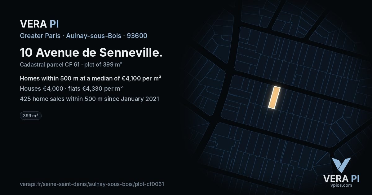 10 Avenue de Senneville, Aulnay-sous-Bois at night – the plot lit, the parcels around coloured by the prices near them